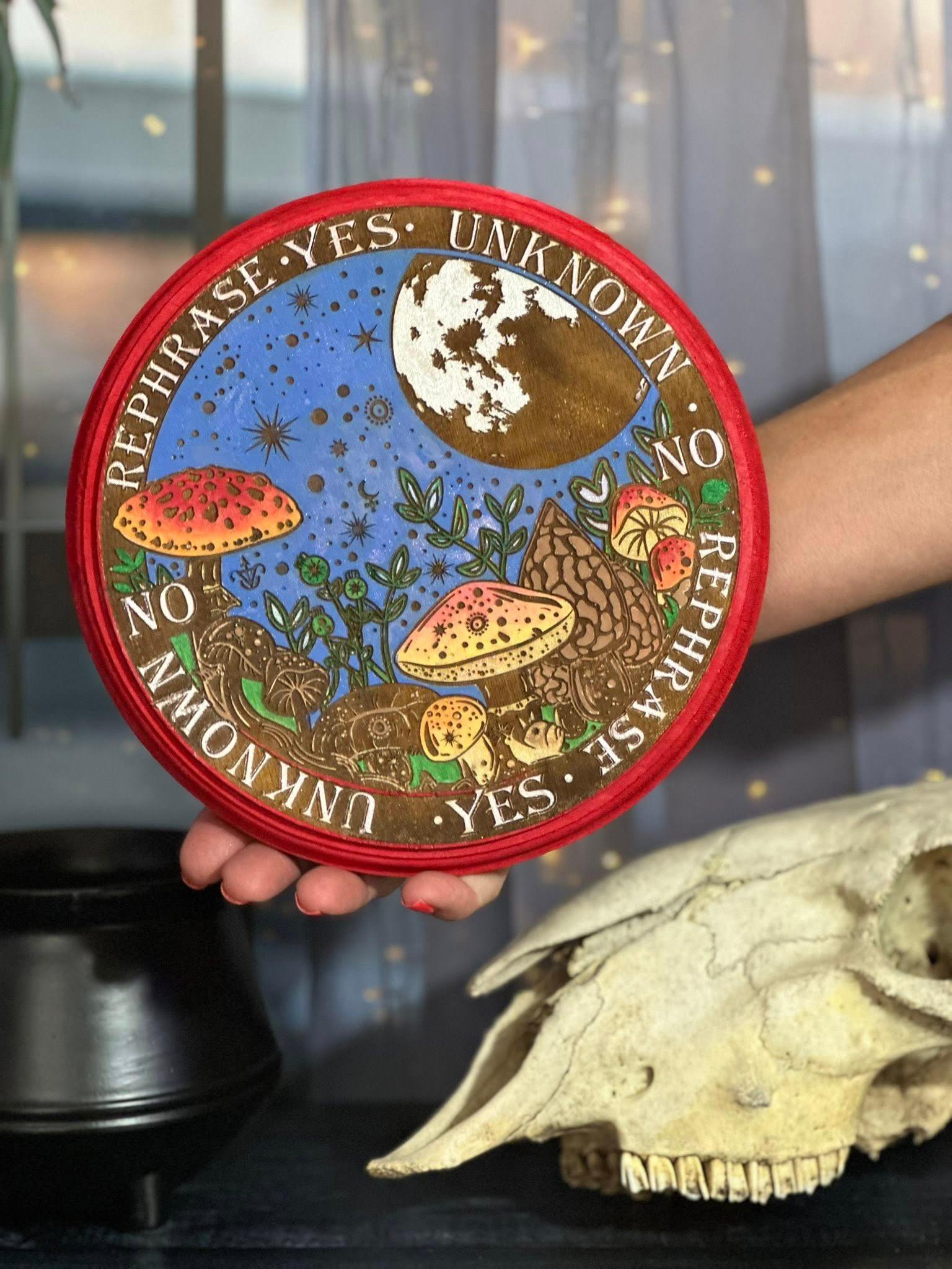 Hand-painted mushroom oracle board with full moon by Loren Morris, Primitive Witchery